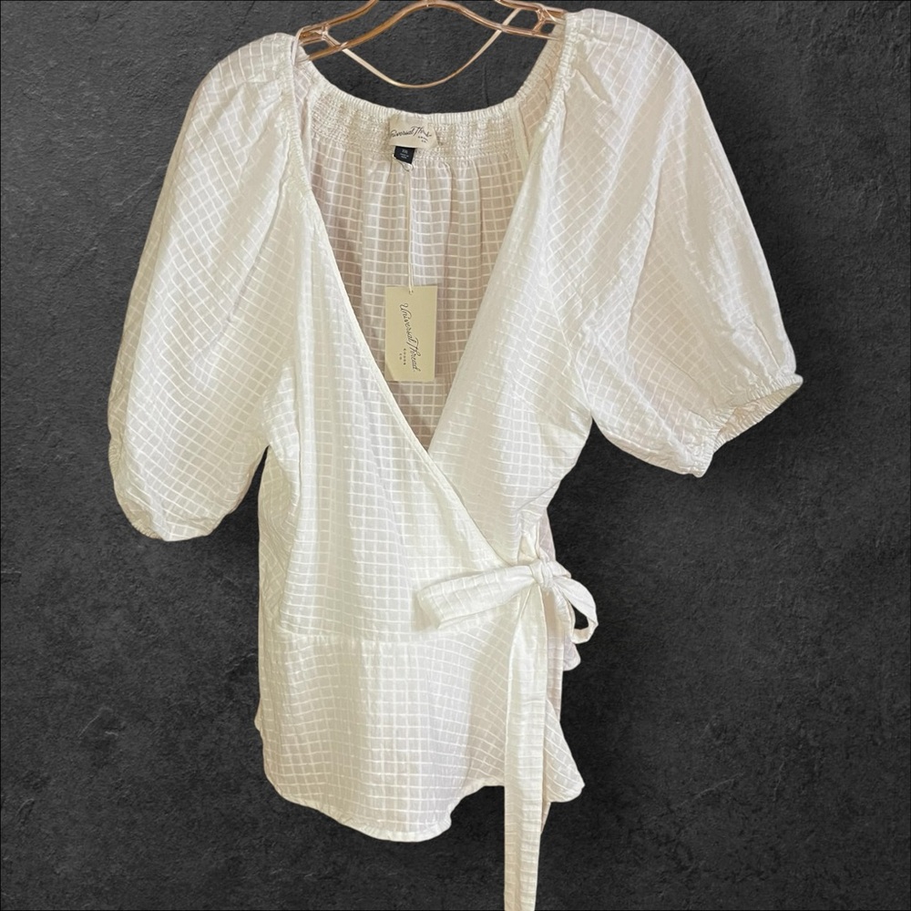 Puff Sleeve Wrap Bow Tie Textured White Blouse XXL - Picture 3 of 8